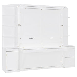 English Elm Queen Murphy Bed with Integrated Desk Side Cabinets and Shelves for Home Office White LP000739AAK-2