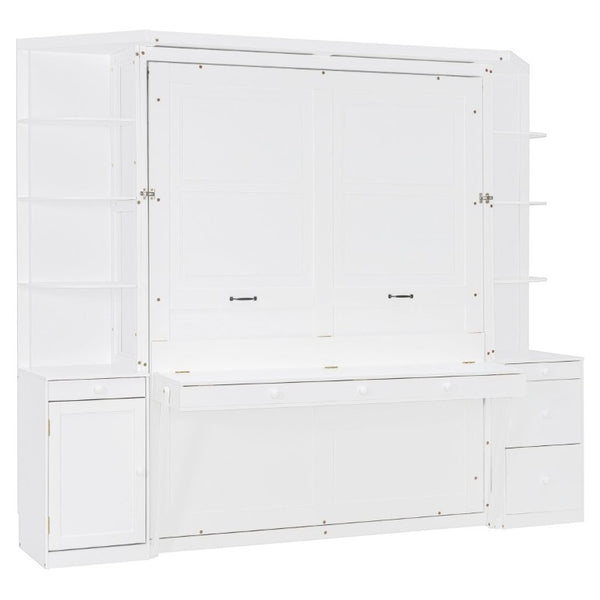 English Elm Queen Murphy Bed with Integrated Desk Side Cabinets and Shelves for Home Office White LP000739AAK-2