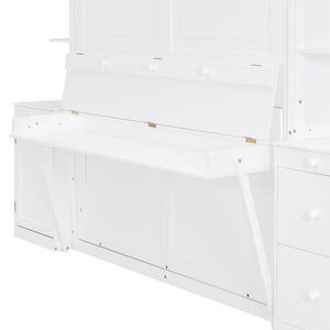 English Elm Queen Murphy Bed with Integrated Desk Side Cabinets and Shelves for Home Office White LP000739AAK-2