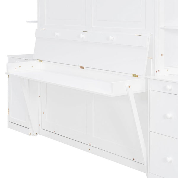 English Elm Queen Murphy Bed with Integrated Desk Side Cabinets and Shelves for Home Office White LP000739AAK-2