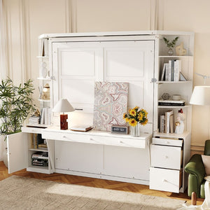 English Elm Queen Murphy Bed with Integrated Desk Side Cabinets and Shelves for Home Office White LP000739AAK-2