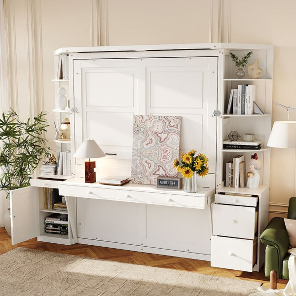 English Elm Queen Murphy Bed with Integrated Desk Side Cabinets and Shelves for Home Office White LP000739AAK-2