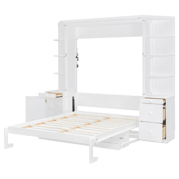 English Elm Queen Murphy Bed with Integrated Desk Side Cabinets and Shelves for Home Office White LP000739AAK-2