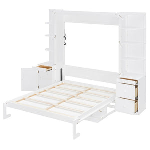 English Elm Queen Murphy Bed with Integrated Desk Side Cabinets and Shelves for Home Office White LP000739AAK-2