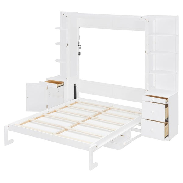 English Elm Queen Murphy Bed with Integrated Desk Side Cabinets and Shelves for Home Office White LP000739AAK-2
