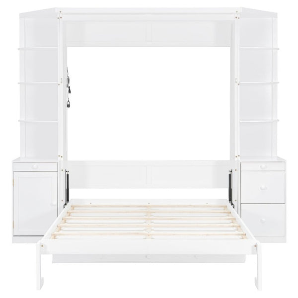 English Elm Queen Murphy Bed with Integrated Desk Side Cabinets and Shelves for Home Office White LP000739AAK-2