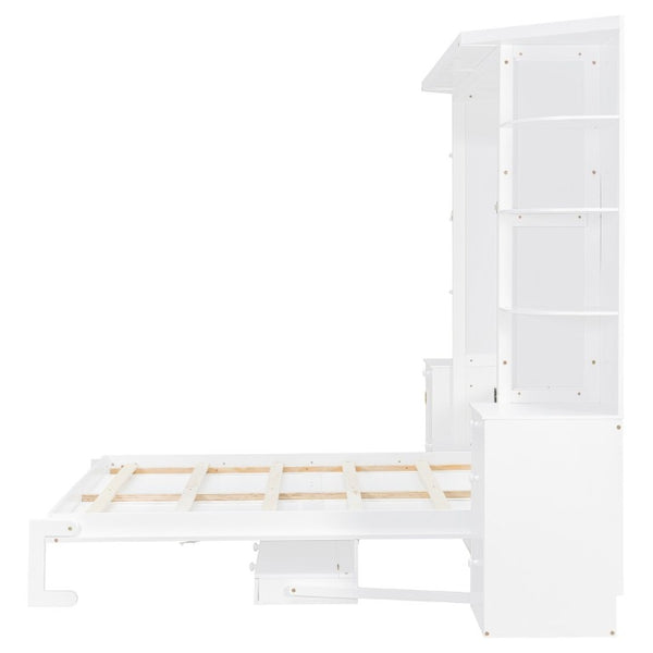 English Elm Queen Murphy Bed with Integrated Desk Side Cabinets and Shelves for Home Office White LP000739AAK-2
