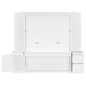 English Elm Queen Murphy Bed with Integrated Desk Side Cabinets and Shelves for Home Office White LP000739AAK-2