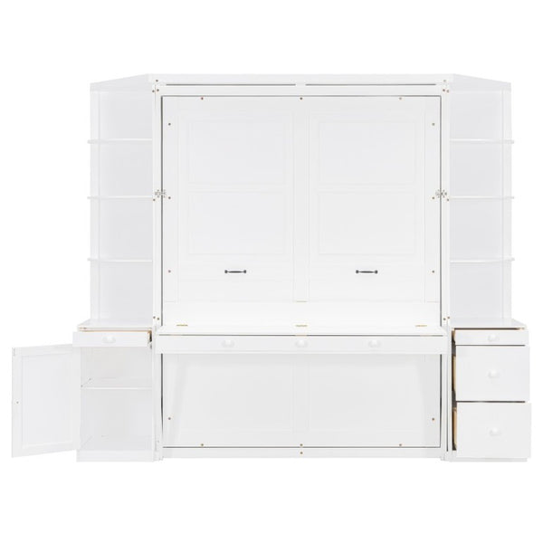 English Elm Queen Murphy Bed with Integrated Desk Side Cabinets and Shelves for Home Office White LP000739AAK-2