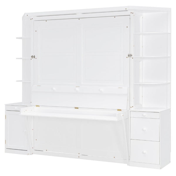 English Elm Queen Murphy Bed with Integrated Desk Side Cabinets and Shelves for Home Office White LP000739AAK-2