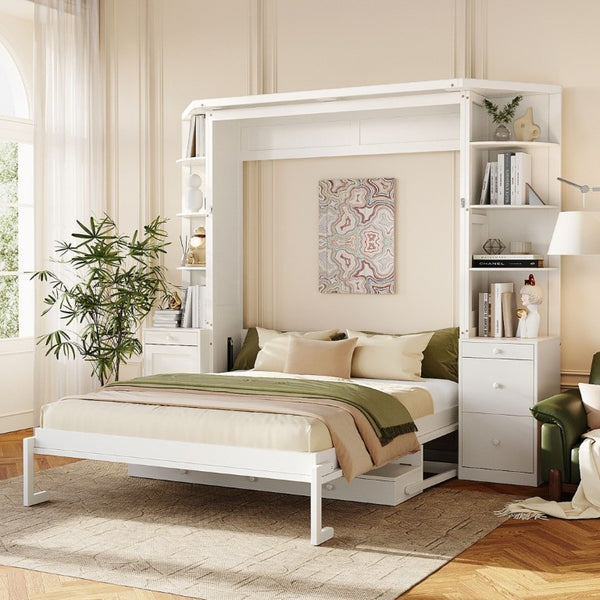 English Elm Queen Murphy Bed with Integrated Desk Side Cabinets and Shelves for Home Office White LP000739AAK-2