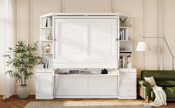 English Elm Queen Murphy Bed with Integrated Desk Side Cabinets and Shelves for Home Office White LP000739AAK-2