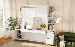 English Elm Queen Murphy Bed with Integrated Desk Side Cabinets and Shelves for Home Office White LP000739AAK-2