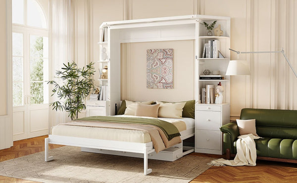 English Elm Queen Murphy Bed with Integrated Desk Side Cabinets and Shelves for Home Office White LP000739AAK-2