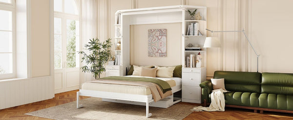 English Elm Queen Murphy Bed with Integrated Desk Side Cabinets and Shelves for Home Office White LP000739AAK-2