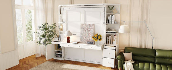 English Elm Queen Murphy Bed with Integrated Desk Side Cabinets and Shelves for Home Office White LP000739AAK-2