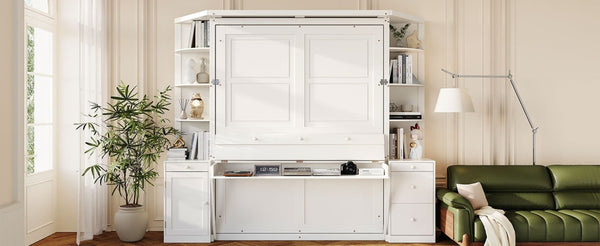 English Elm Queen Murphy Bed with Integrated Desk Side Cabinets and Shelves for Home Office White LP000739AAK-2