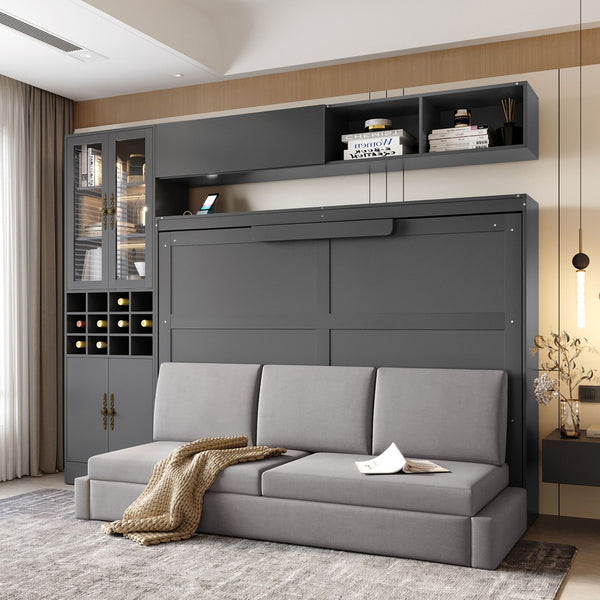 English Elm Full Size Murphy Bed Sofa with Linen Upholstery Open Shelving Usb Ports and Lighting LP000763AAE-1