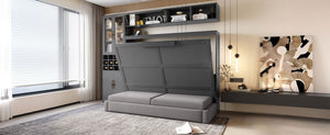 English Elm Full Size Murphy Bed Sofa with Linen Upholstery Open Shelving Usb Ports and Lighting LP000763AAE-1