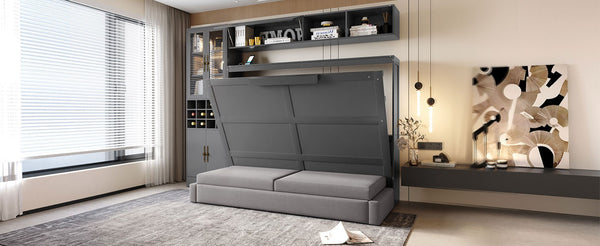 English Elm Full Size Murphy Bed Sofa with Linen Upholstery Open Shelving Usb Ports and Lighting LP000763AAE-1