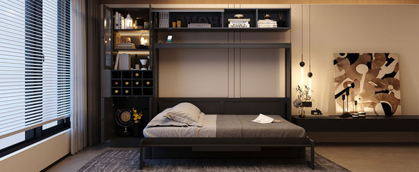 English Elm Full Size Murphy Bed Sofa with Linen Upholstery Open Shelving Usb Ports and Lighting LP000763AAE-1