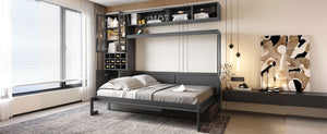 English Elm Full Size Murphy Bed Sofa with Linen Upholstery Open Shelving Usb Ports and Lighting LP000763AAE-1