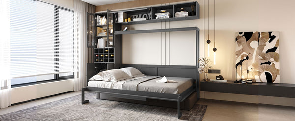 English Elm Full Size Murphy Bed Sofa with Linen Upholstery Open Shelving Usb Ports and Lighting LP000763AAE-1