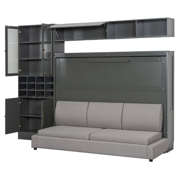 English Elm Full Size Murphy Bed Sofa with Linen Upholstery Open Shelving Usb Ports and Lighting LP000763AAE-1