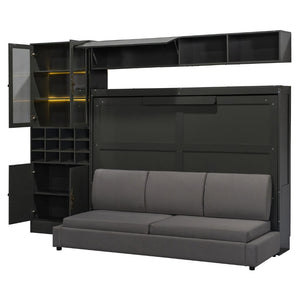 English Elm Full Size Murphy Bed Sofa with Linen Upholstery Open Shelving Usb Ports and Lighting LP000763AAE-1