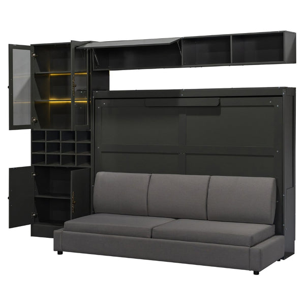 English Elm Full Size Murphy Bed Sofa with Linen Upholstery Open Shelving Usb Ports and Lighting LP000763AAE-1