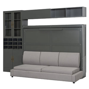 English Elm Full Size Murphy Bed Sofa with Linen Upholstery Open Shelving Usb Ports and Lighting LP000763AAE-1