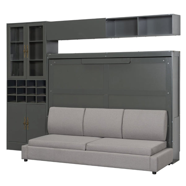 English Elm Full Size Murphy Bed Sofa with Linen Upholstery Open Shelving Usb Ports and Lighting LP000763AAE-1