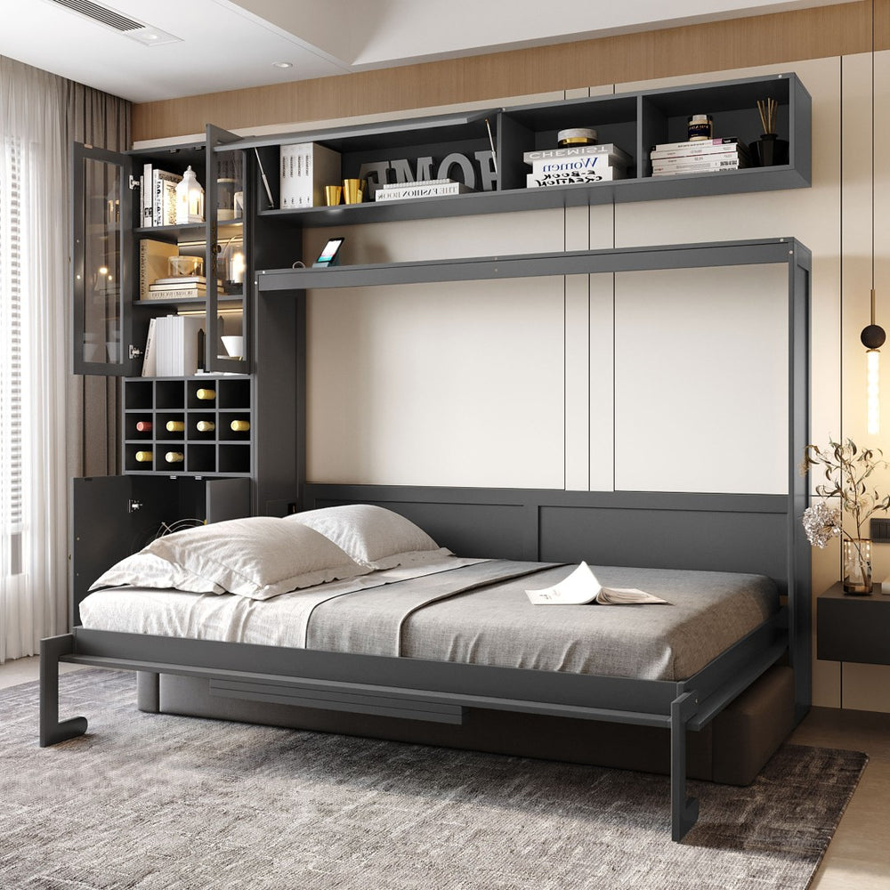 English Elm Full Size Murphy Bed Sofa with Linen Upholstery Open Shelving Usb Ports and Lighting LP000763AAE-1