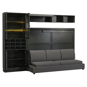 English Elm Full Size Murphy Bed Sofa with Linen Upholstery Open Shelving Usb Ports and Lighting LP000763AAE-1