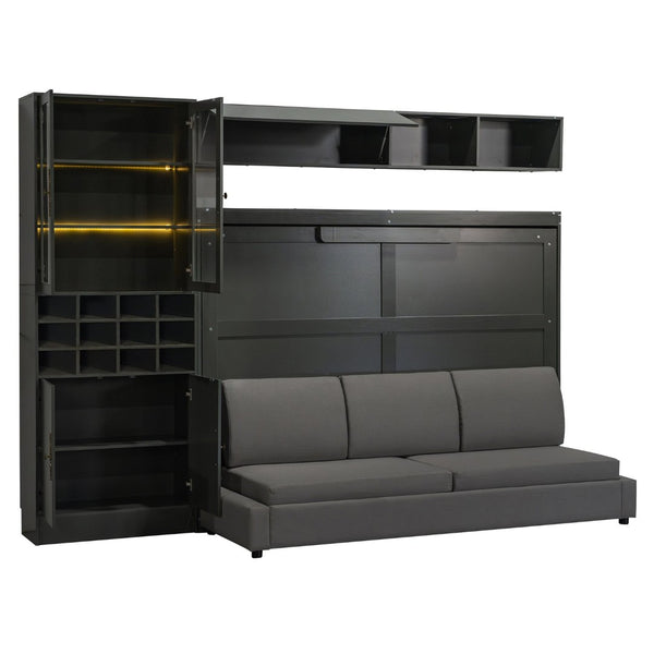 English Elm Full Size Murphy Bed Sofa with Linen Upholstery Open Shelving Usb Ports and Lighting LP000763AAE-1