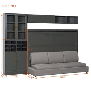 English Elm Full Size Murphy Bed Sofa with Linen Upholstery Open Shelving Usb Ports and Lighting LP000763AAE-1