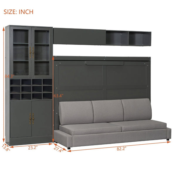 English Elm Full Size Murphy Bed Sofa with Linen Upholstery Open Shelving Usb Ports and Lighting LP000763AAE-1