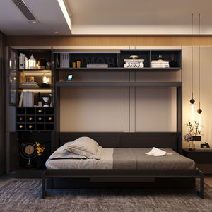 English Elm Full Size Murphy Bed Sofa with Linen Upholstery Open Shelving Usb Ports and Lighting LP000763AAE-1