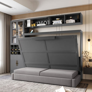 English Elm Full Size Murphy Bed Sofa with Linen Upholstery Open Shelving Usb Ports and Lighting LP000763AAE-1