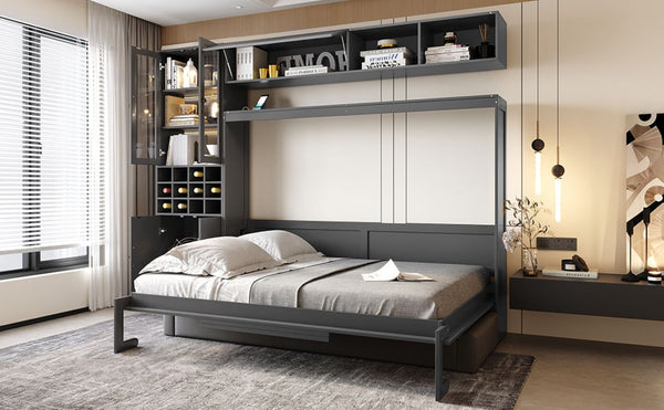 English Elm Full Size Murphy Bed Sofa with Linen Upholstery Open Shelving Usb Ports and Lighting LP000763AAE-1