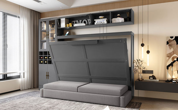 English Elm Full Size Murphy Bed Sofa with Linen Upholstery Open Shelving Usb Ports and Lighting LP000763AAE-1
