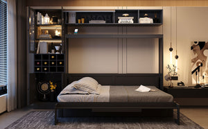 English Elm Full Size Murphy Bed Sofa with Linen Upholstery Open Shelving Usb Ports and Lighting LP000763AAE-1