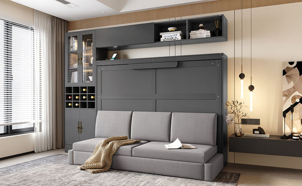 English Elm Full Size Murphy Bed Sofa with Linen Upholstery Open Shelving Usb Ports and Lighting LP000763AAE-1