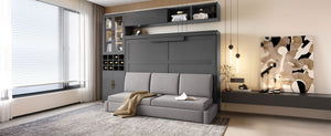 English Elm Full Size Murphy Bed Sofa with Linen Upholstery Open Shelving Usb Ports and Lighting LP000763AAE-1