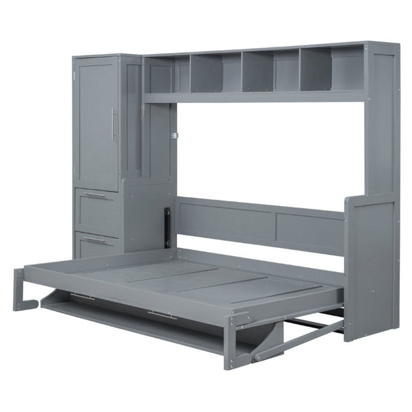 English Elm Full Size Murphy Wall Bed with Integrated Wardrobe and Drawer Storage in Gray MDF LP000792AAE-4