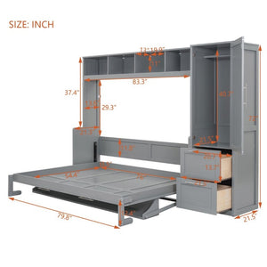 English Elm Full Size Murphy Wall Bed with Integrated Wardrobe and Drawer Storage in Gray MDF LP000792AAE-4