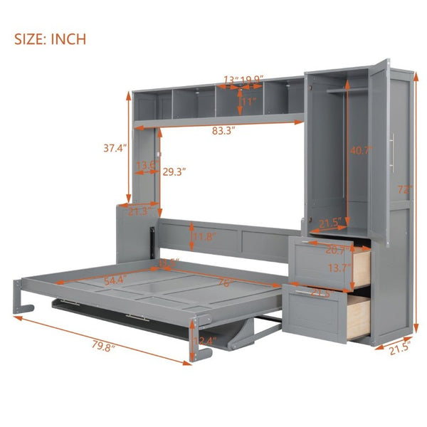 English Elm Full Size Murphy Wall Bed with Integrated Wardrobe and Drawer Storage in Gray MDF LP000792AAE-4