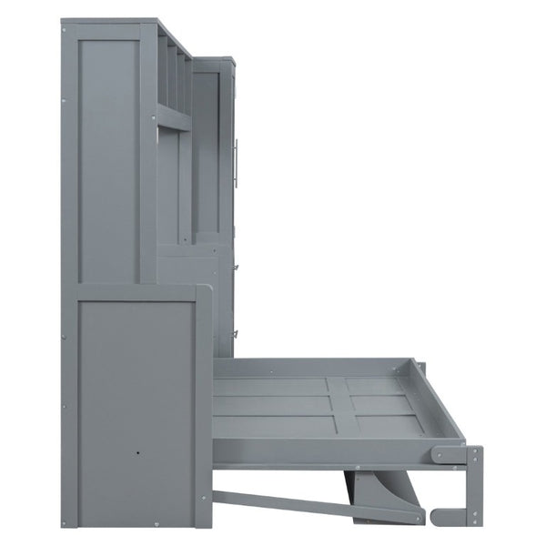 English Elm Full Size Murphy Wall Bed with Integrated Wardrobe and Drawer Storage in Gray MDF LP000792AAE-4