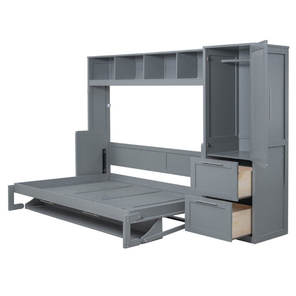 English Elm Full Size Murphy Wall Bed with Integrated Wardrobe and Drawer Storage in Gray MDF LP000792AAE-4
