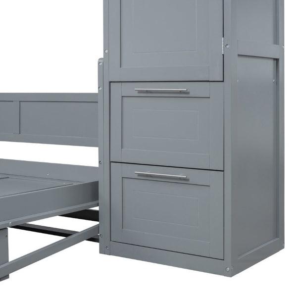 English Elm Full Size Murphy Wall Bed with Integrated Wardrobe and Drawer Storage in Gray MDF LP000792AAE-4